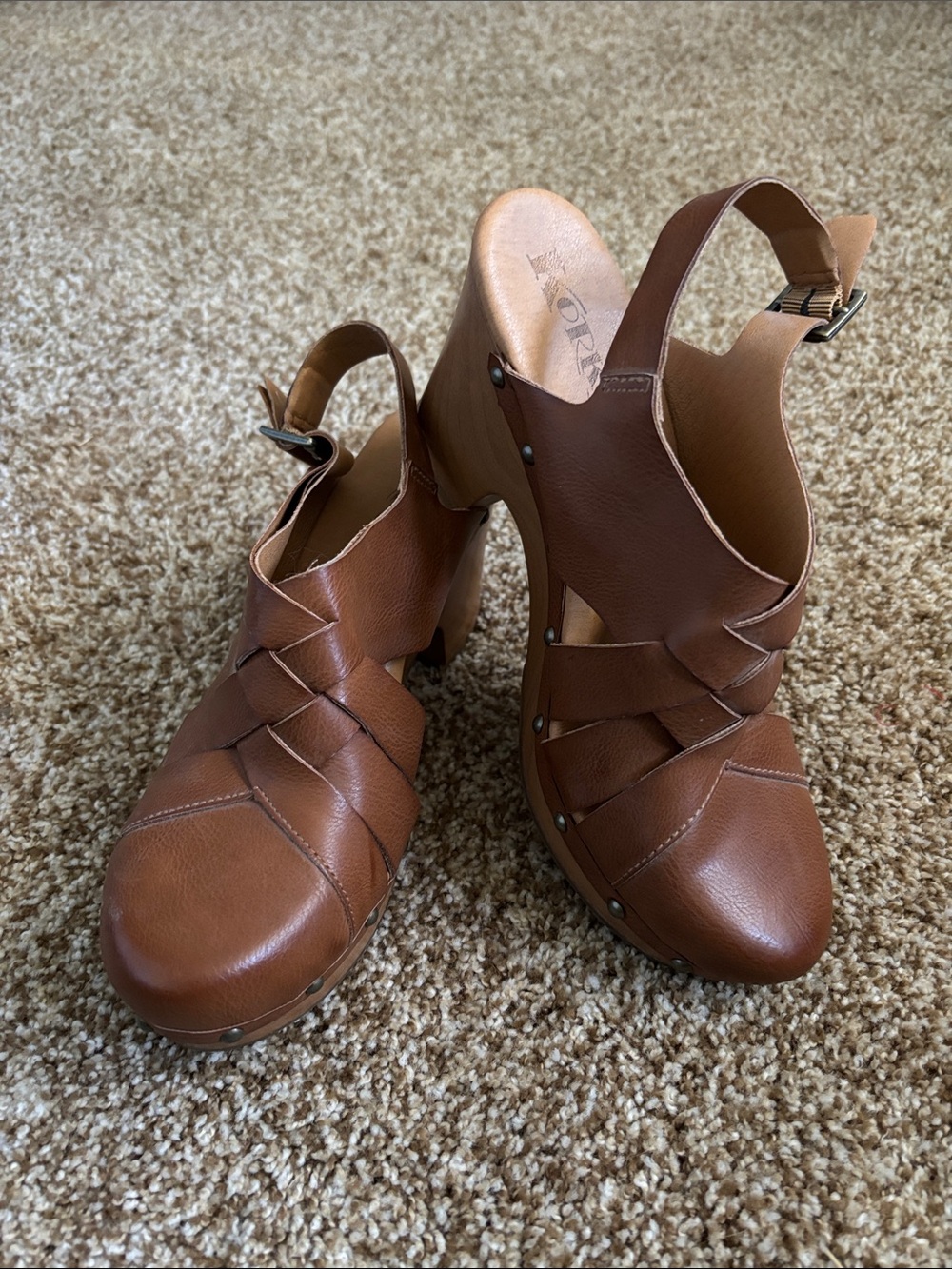 Korks || Brown Faux Leather Braided Slingback Clog Wooden Heels Size 9